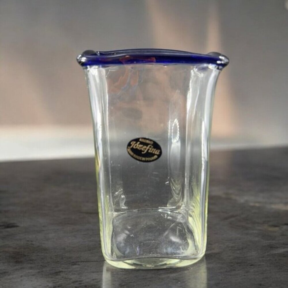 Krosno Jozefina Hand Blown Glass Vase Made In Poland Clear Cobalt Blue Edges VTG